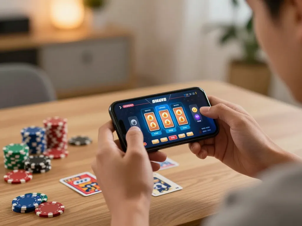Situs slot interface displayed on smartphone, player engaged in exciting mobile gambling