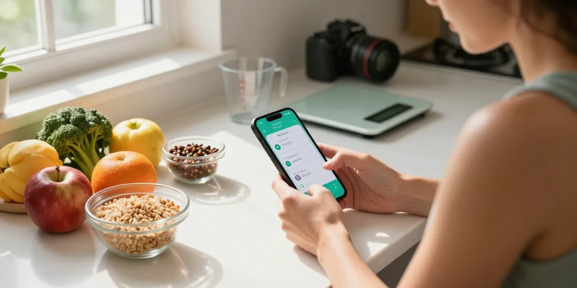 Logging meals with the best calorie tracking apps in a sunlit kitchen, featuring vibrant ingredients and a smartphone.