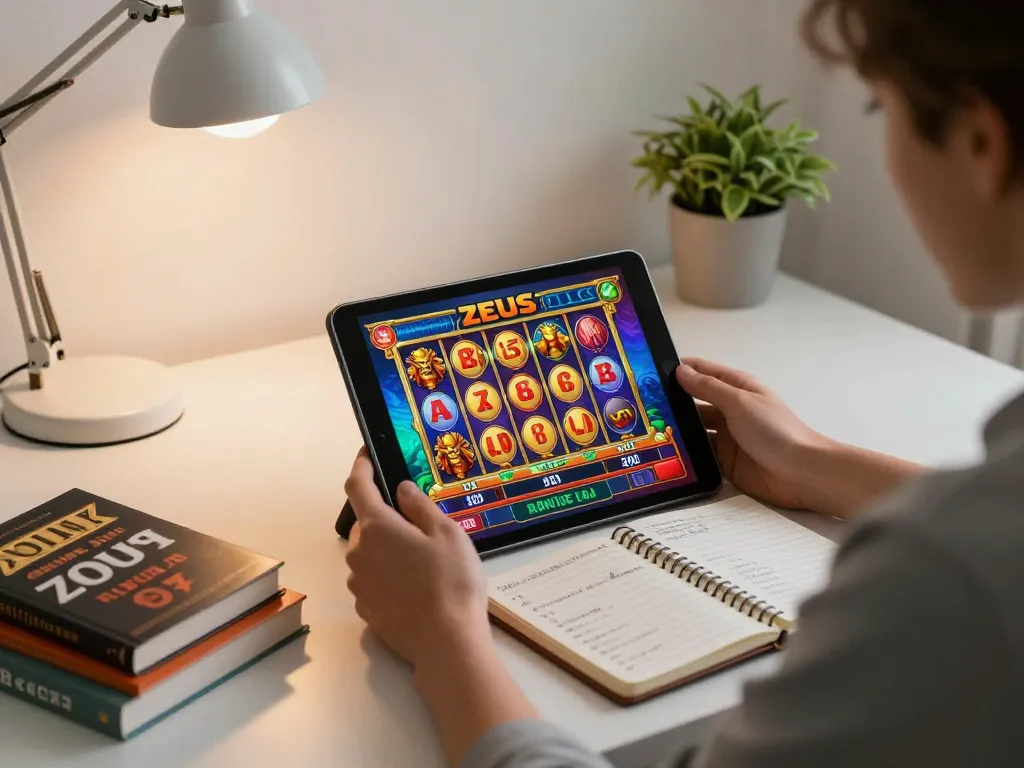 Pemain memutar reel pada permainan slot zeus di tablet, menampilkan pengaturan perjudian online yang cerah dengan catatan strategis.