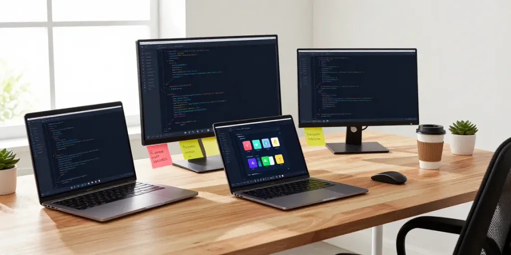 Showcasing 2113 Apps development workspace with a developer coding on multiple screens.