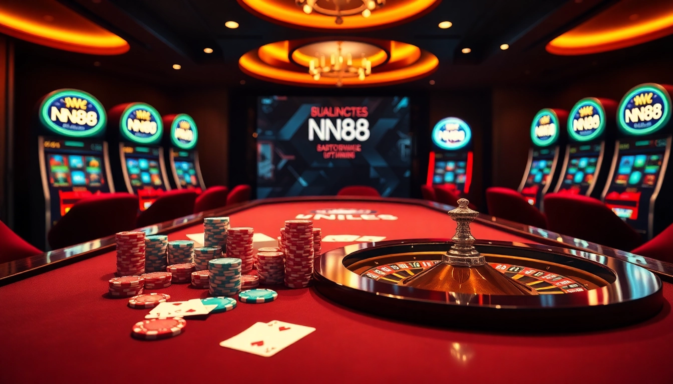 Exciting gambling scene with luxury elements featuring nn88 poker chips and cards.