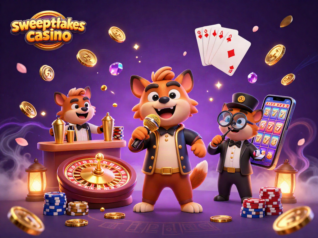 Sweepstakes casino scene featuring hyenas in a comedy club with vibrant casino elements.
