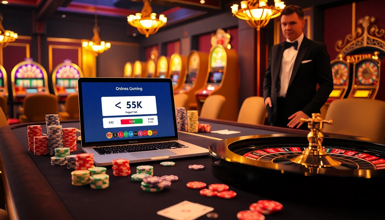 Engaging casino scene showcasing depo 5k options with a roulette wheel and gaming table.