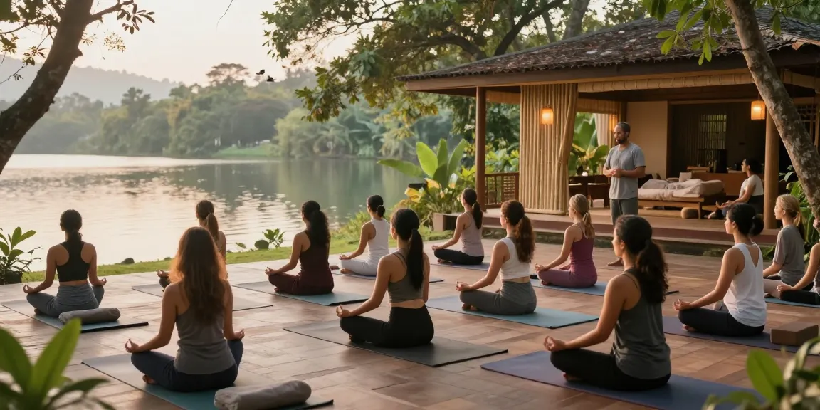 Morning yoga meditation at Lanka Yoga for 200hr YTT Sri Lanka, with students by Koggala Lake.