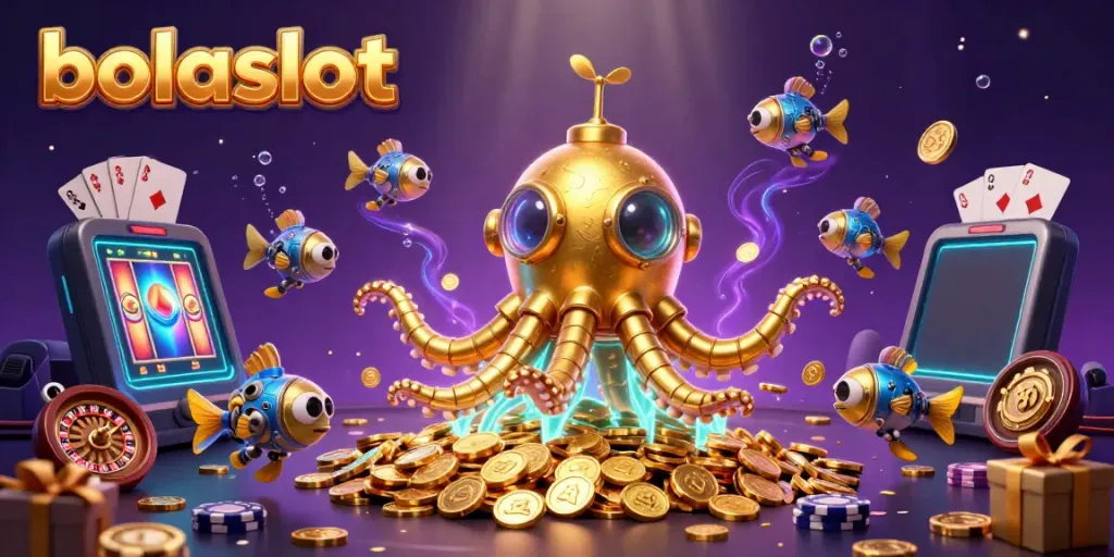 Experience thrilling gameplay with bolaslot, featuring a golden kraken submarine and slot game elements.