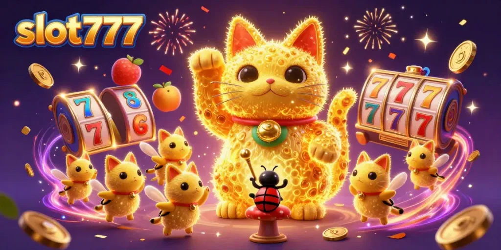 Mainkan slot777 dengan simbol mesin slot yang menarik dan keberuntungan dari kucing beruntung.