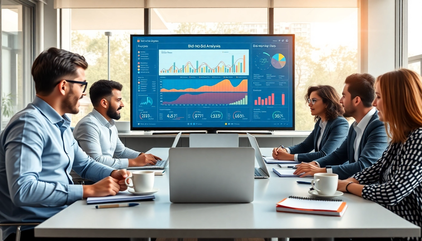 Team conducting a Bid-No-Bid Analysis in a modern conference room.