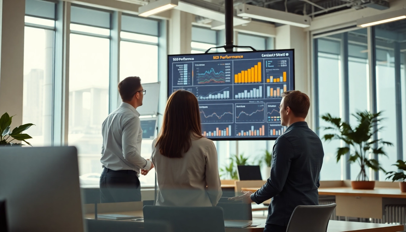 Analyze SEO performance with a professional team reviewing advanced metrics on screens.