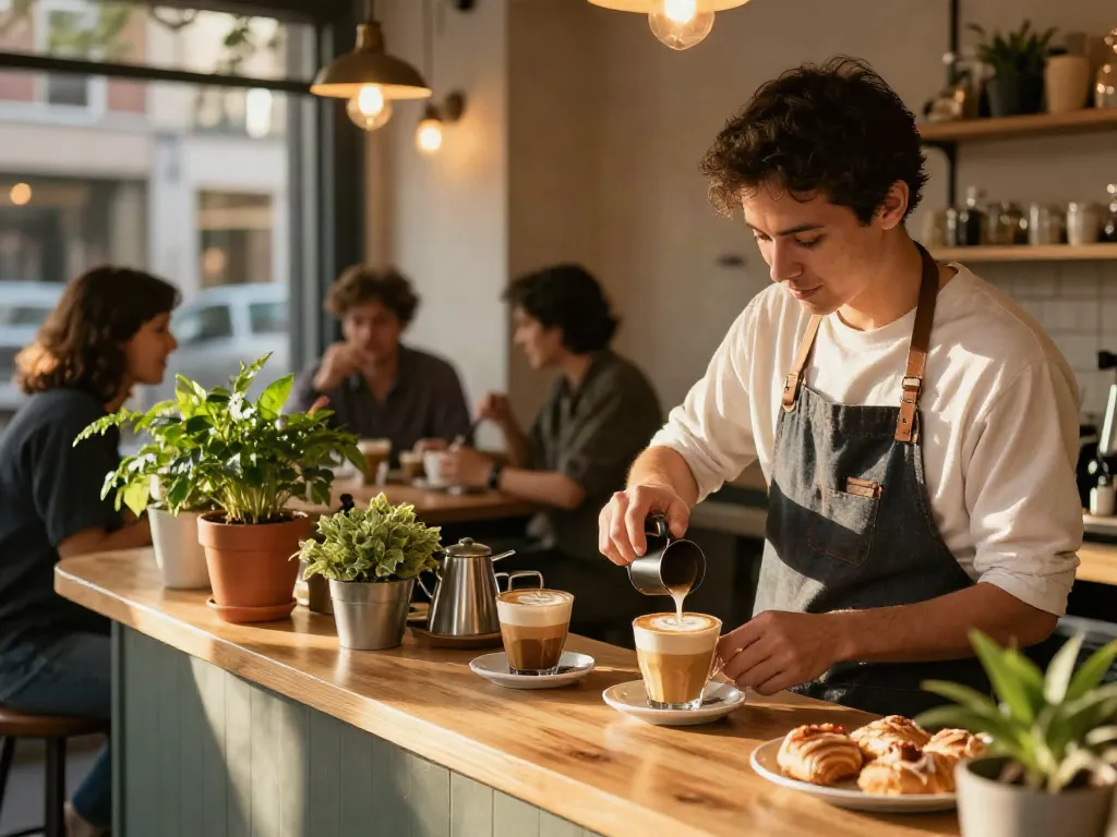 An engaging coffee shop scene depicting insanony's community vibe, showcasing barista creating latte art amidst warm lighting.