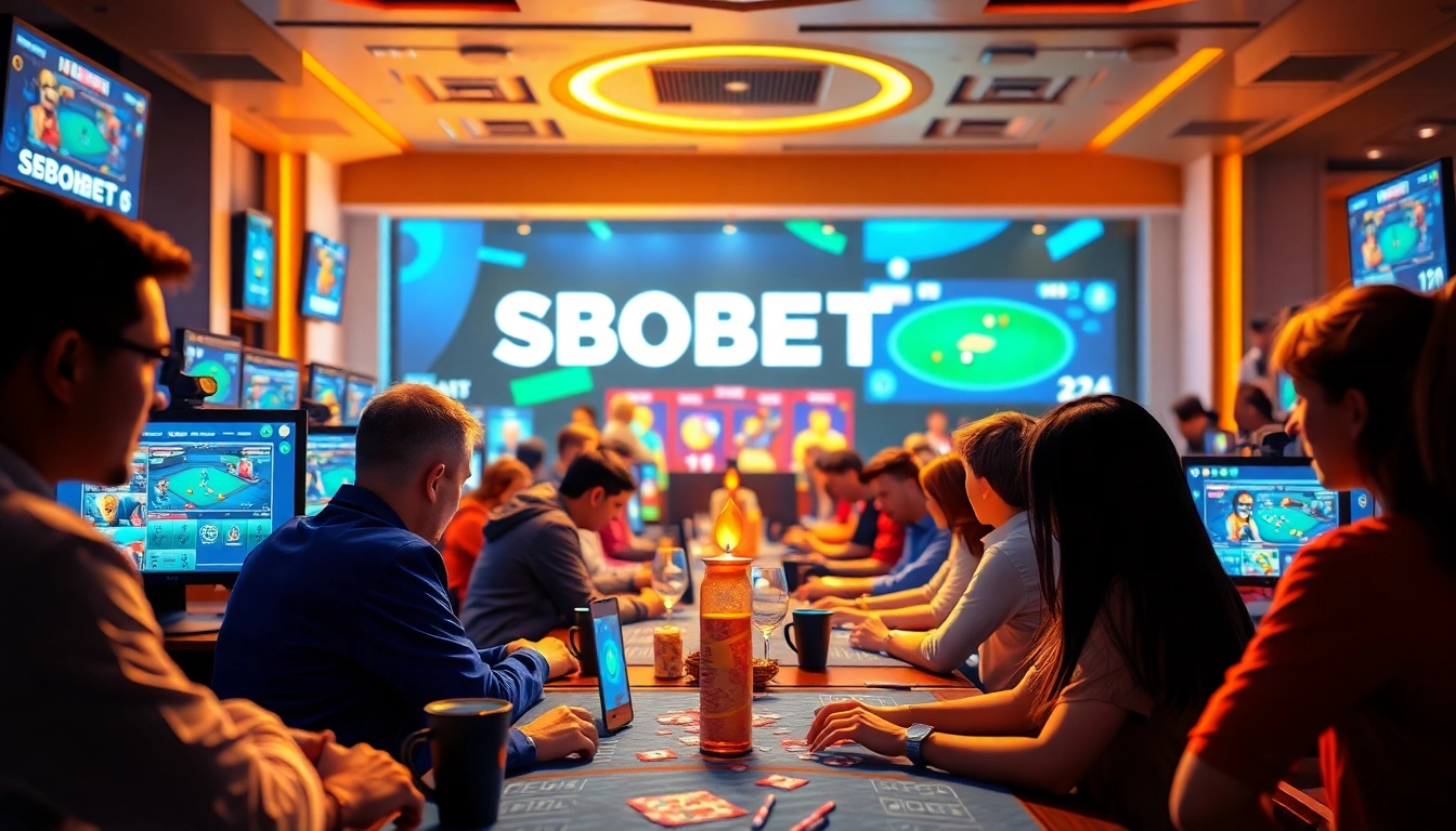 SBOBET.dance showcasing an exciting online betting atmosphere with vibrant digital gaming elements and engaged players.