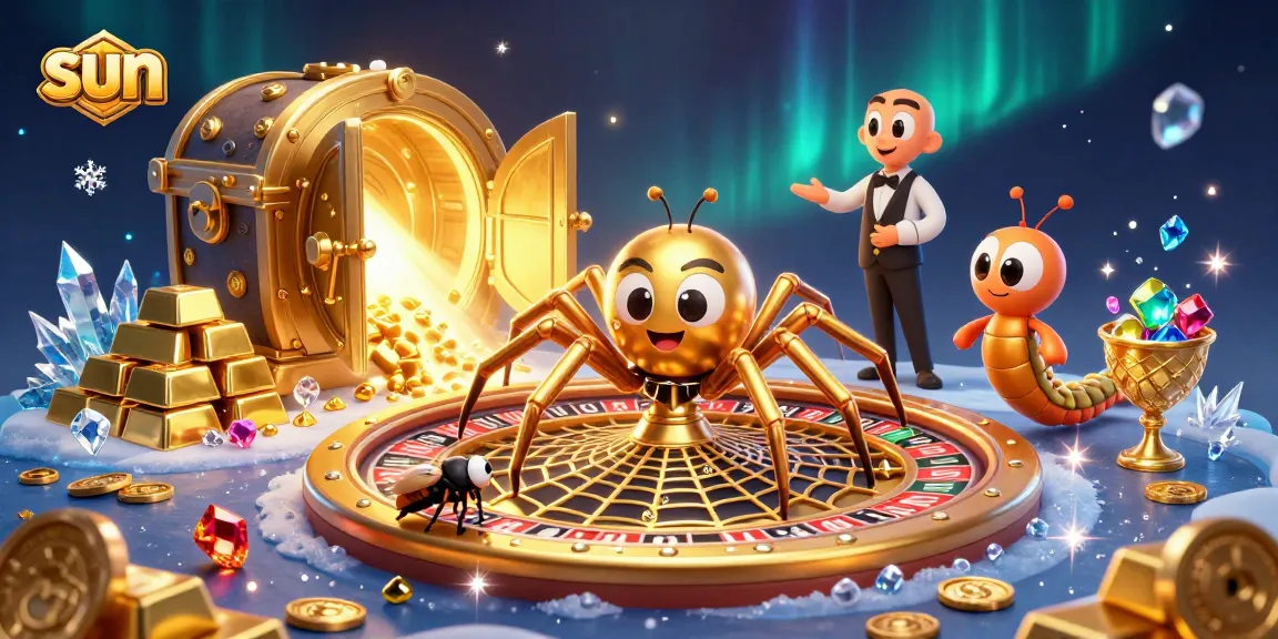 Engage with slots action on Sun's vibrant casino illustration featuring a golden spider.