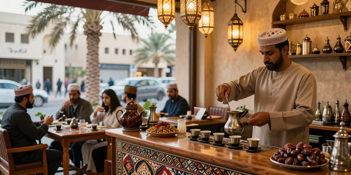 قهوجي الرياض يقدم القهوة العربية التقليدية في مقهى جميل وسط الرياض