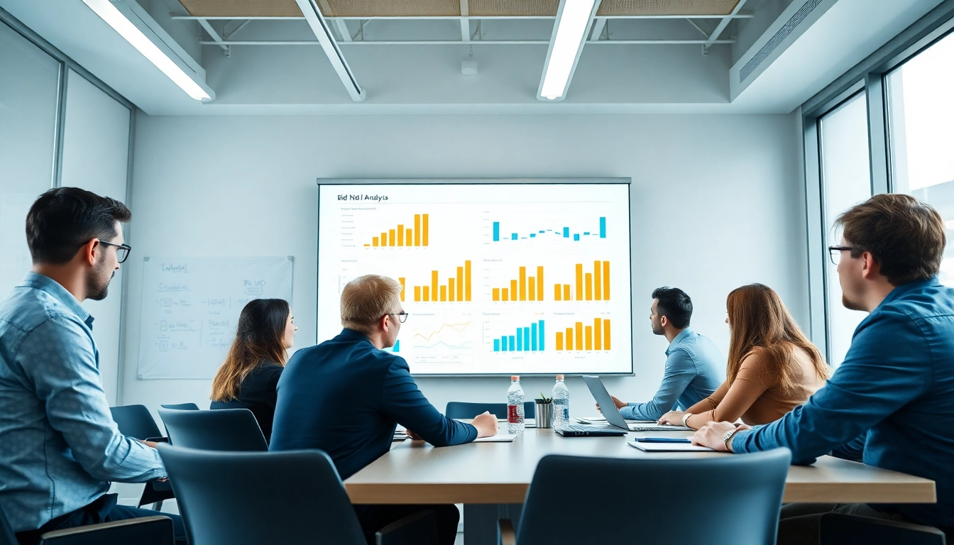 Team conducting Bid-No-Bid Analysis strategy session in a modern conference room.