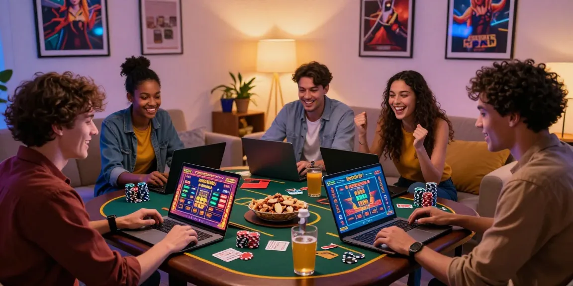 Group of friends enjoying online gaming at casinos that accept credit cards, vibrant atmosphere with laughter and excitement.