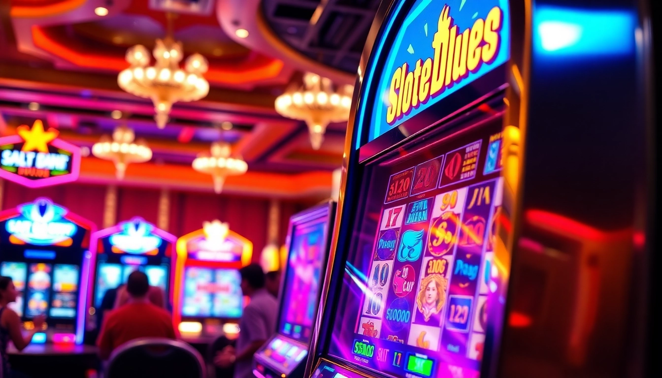 Permainan slot depo 1k yang mendebarkan dengan mesin slot berwarna cerah di kasino.