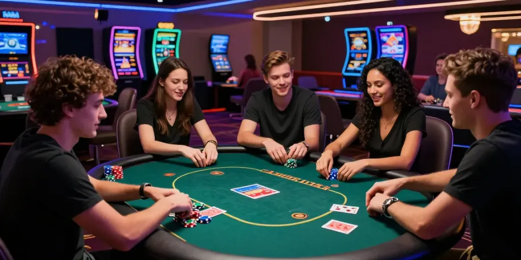 Excited group playing poker at non GamStop casinos with vibrant decor.