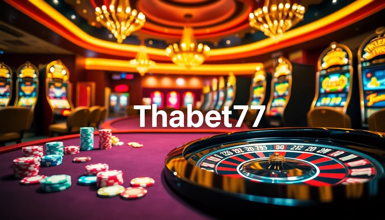 Experience the thrill of gaming at Thabet77 with vibrant casino tables and slot machines.