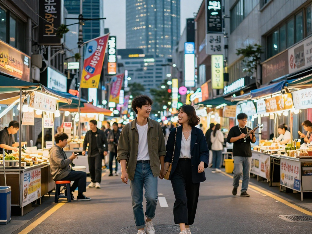강남 달토와 함께하는 젊은 커플의 즐거운 저녁 거리 산책