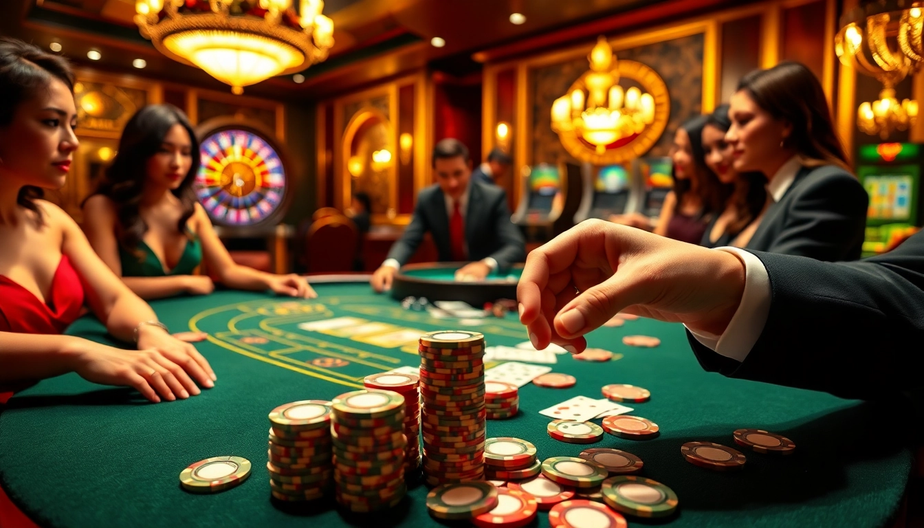 Players at the topclub casino engage in thrilling poker games with vibrant chips and cards.