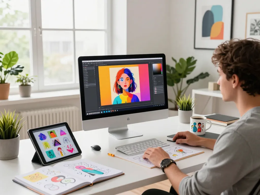 Designer creating with Nano Banana 2 AI editor in a vibrant workspace.