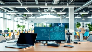 Engaging depiction of Technology innovation in a modern workspace featuring high-tech gadgets.