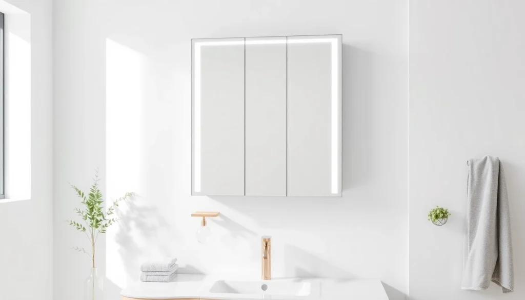 Spiegelschrank LED mit modernem Design in einem stilvollen Badezimmer präsentieren.