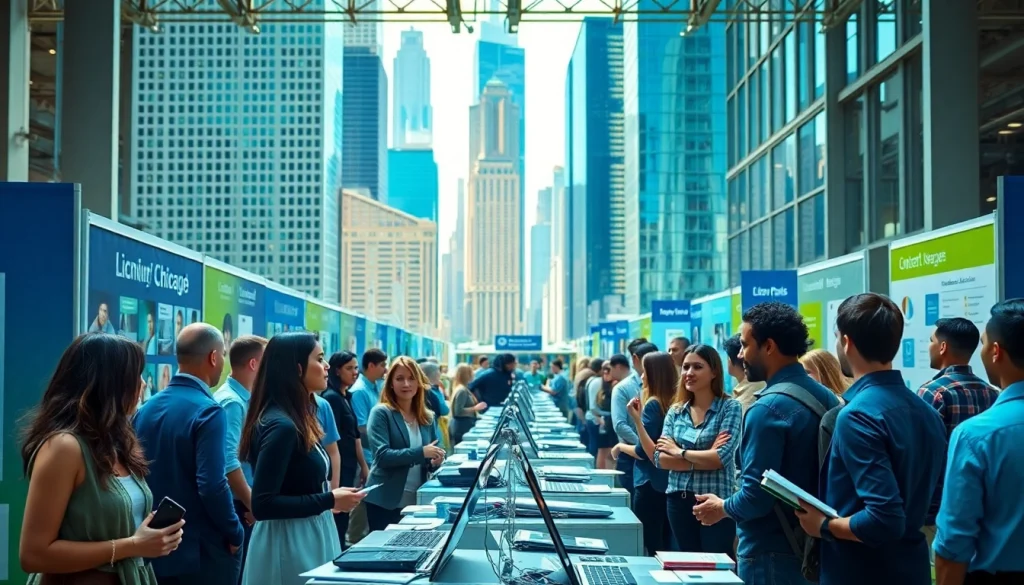 Network with employers at a job in Chicago fair, vibrant atmosphere filled with opportunities.