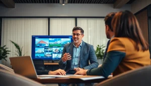 Engaging real estate agent showcases listings during a client consultation.