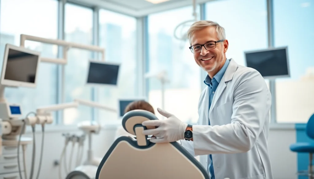Engaging dentist warmly assisting a patient in a modern dental office setting.