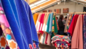 Fleece stoffen prachtig uitgestald op een kleurrijke markt, met aantrekkelijke patronen en texturen.