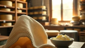 Kaasdoek draped over fresh curds in a rustic kitchen, showcasing artisanal cheesemaking.