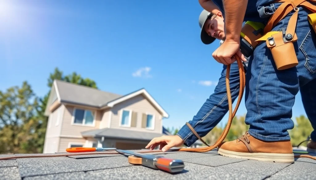 Providing Professional roofing services with a contractor working on a modern home rooftop.