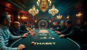 Engaged players at THABET's poker table, surrounded by chips and an inviting casino atmosphere.
