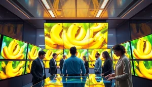 Dynamic scene of diverse professionals collaborating with Nano Banana 2 AI technology, showcasing innovation.