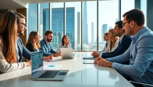 Engaging business consultants in Dubai discussing strategies in a modern office environment.