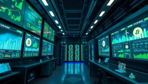 Futuristic cloud mining bitcoin facility powered by renewable energy