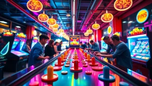 Mainkan plinko demo dengan papan permainan berkilau dan pemain yang antusias di belakangnya.