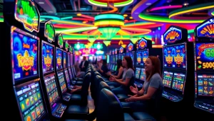 Jelajahi permainan slot pulsa 5000 dengan penuh keseruan dan berwarna-warni dalam suasana kasino yang energik.