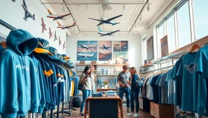 FLY88 aviation-themed clothing store showcasing unique apparel with vibrant decor and a friendly atmosphere.