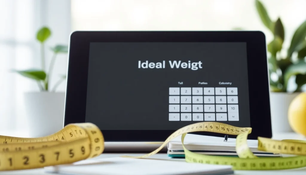Calculate your ideal weight calculator with a sleek device and health-focused props.