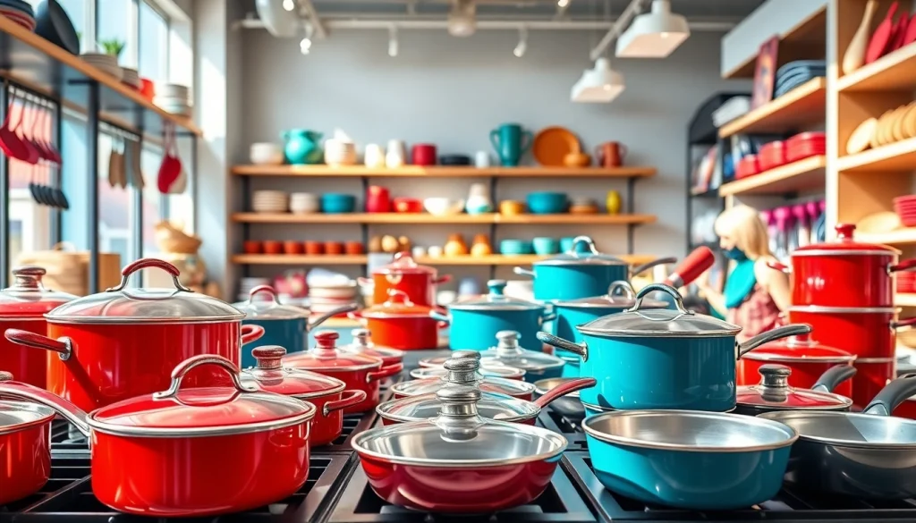 Shop vibrant kitchenware Auckland, showcasing an elegant display of cookware and utensils.