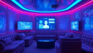 Engaging scene of a cozy digital lounge for sex AI chat with modern tech interfaces.
