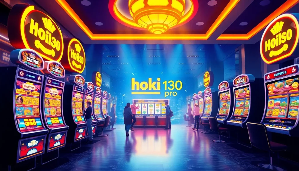 Exciting online gaming atmosphere with hoki138 pro branding and vibrant slot machines.