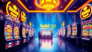 Exciting online gaming atmosphere with hoki138 pro branding and vibrant slot machines.