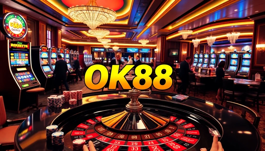Experience the thrill of gambling at OK88 with vibrant casino visuals featuring roulette and poker.