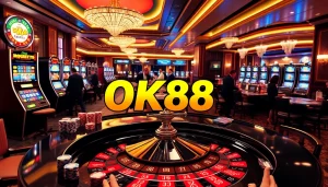 Experience the thrill of gambling at OK88 with vibrant casino visuals featuring roulette and poker.