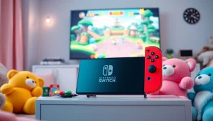 Showcasing the Nintendo Switch 2 release date update in a vibrant gaming environment, featuring colorful cartridges and plush toys.