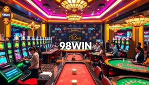 Exciting casino experience showcasing 98WIN logo with players at roulette and poker tables.