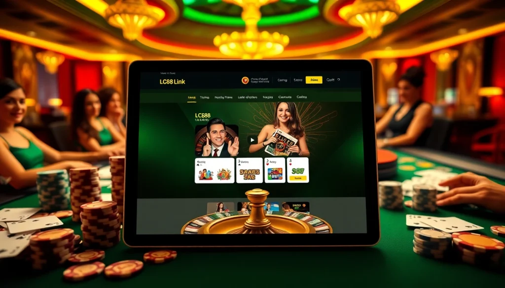 Enjoy the thrilling Lc88 Link gaming experience with vibrant casino visuals showcasing poker tables and online slots.