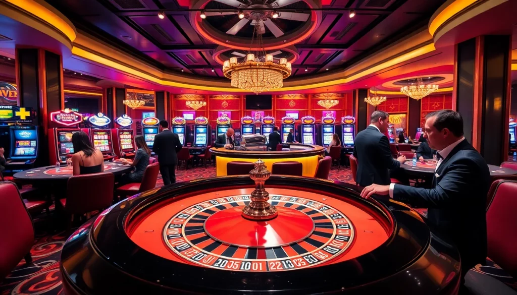 Exciting casino atmosphere featuring betting on roulette and slot machines, alongside online gambling elements at https://rr888.in.net/.